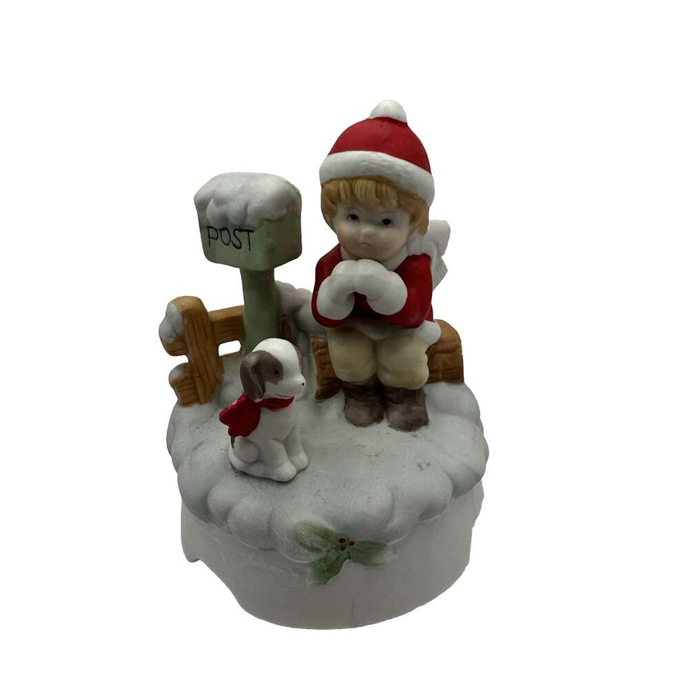 Vintage Boy Dog At Mailbox Christmas Song Jingle Bells 6" Tall Music Box